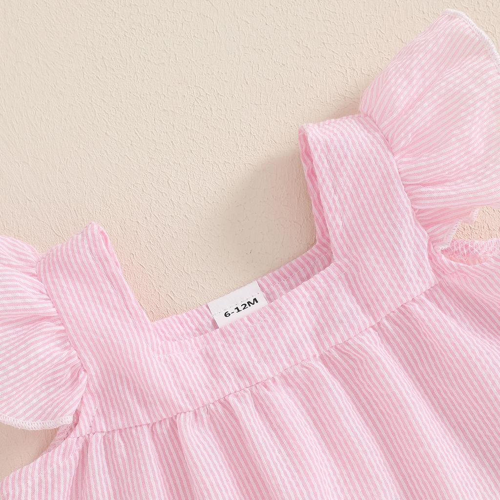 Baby Girl Summer Clothes Stripe Print Flying Sleeve Square Neck Tank Tops Ruffled Shorts Outfit
