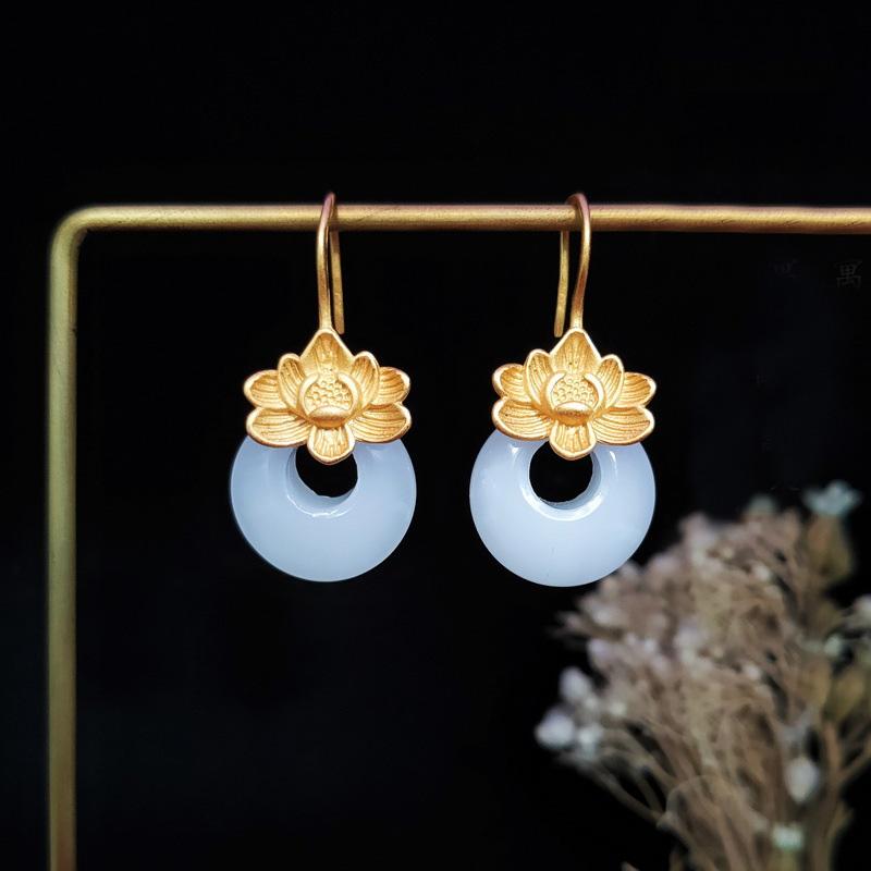 Naturalne An Jade Kolczyki Wiszące Okrągłe Vintage Lotosowe Kolczyki Dla Kobiet Klasyczny Styl Urocze Nowość Biżuteria Prezent