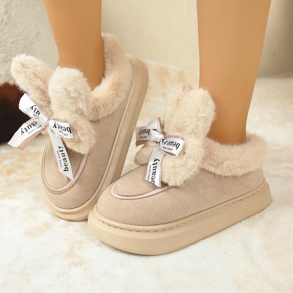 Fashion Sweet Shorts Plush Rabbit Ear Snow Boots Women Letter Printing Bowknot Warm Faux Fur Snow Boots Thicken Bottom Winter Shoes