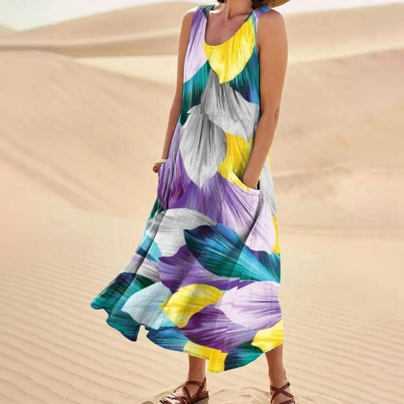 

Женское повседневное удобное хлопковое карманное платье без рукавов с цветочным принтом M фиолетовый