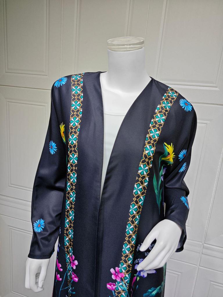 MQ236 Women's Middle Eastern Fashion: Printed Abaya Robe with Hijab & Cardigan, Large Swing Overcoat