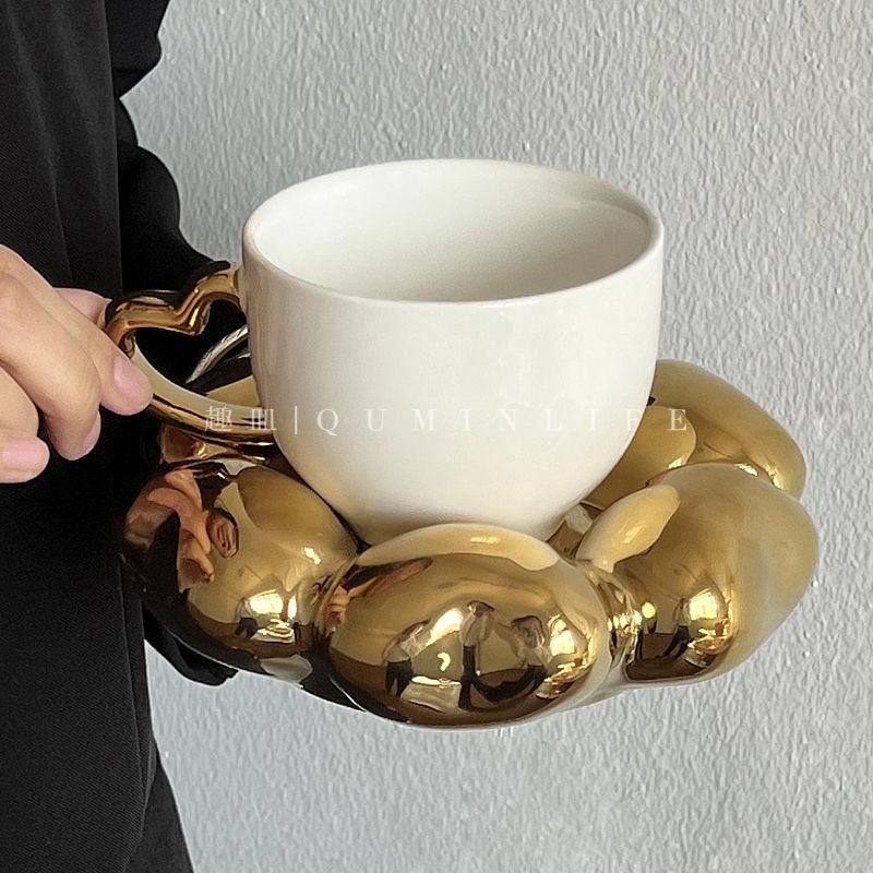 Vergoldete Dicke Keramiktasse Kaffee Cartoon Niedlich Liebestasse Untertasse Frühstück Dessert Haferflockenbecher Paar Trinkwasserbecher Deko