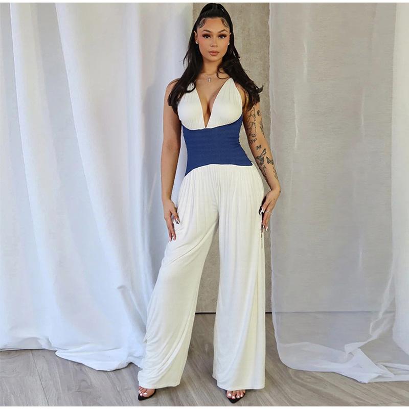Halter Neck Sleeveless Stitching One-piece Wide-leg Pants Summer Ladies One-piece Casual Fashion Commuter Style
