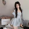 Pure desire puffy sexy lace dress women's autumn new long-sleeved waist temperament Spice girl pleated A-word short skirt