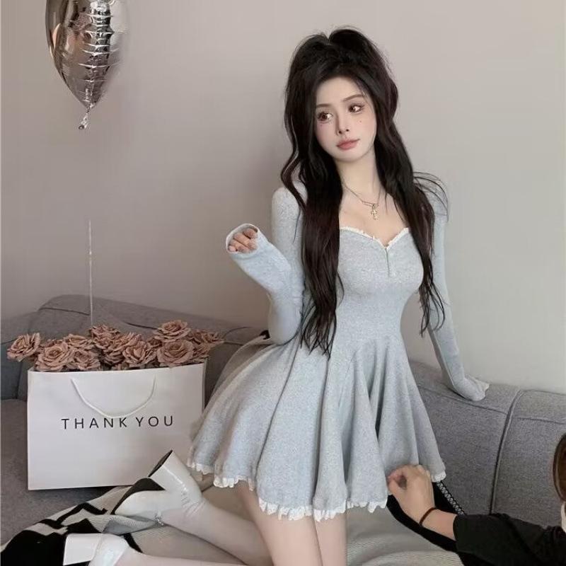 Pure desire puffy sexy lace dress women's autumn new long-sleeved waist temperament Spice girl pleated A-word short skirt