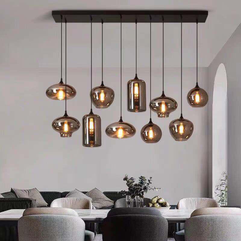 Postmodern Multi-Head Smoke Grey Glass Chandelier for Restaurants and Cafes