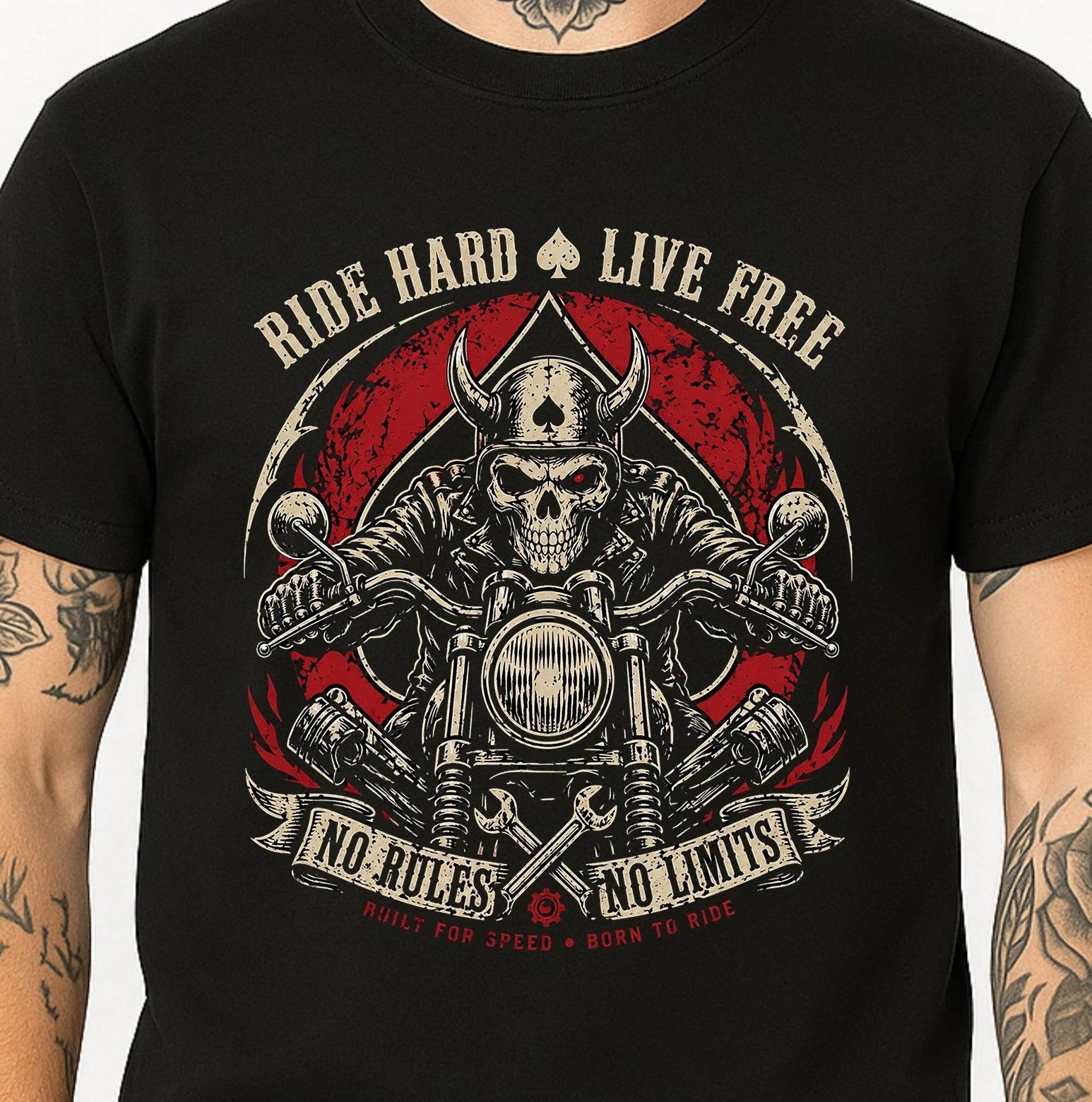 Skull Biker T-Shirt Ride Hard Live Free No Rules Motorcycle Horned Helmet Tee. XS