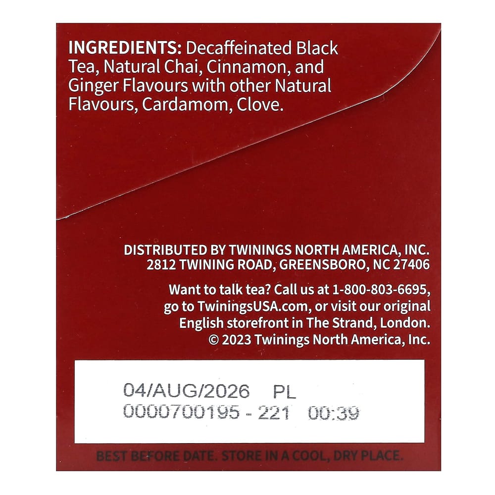 Twinings Decaffeinated Chai Flavored Black Tea, 20 Tea Bags, 40g (1.41oz)