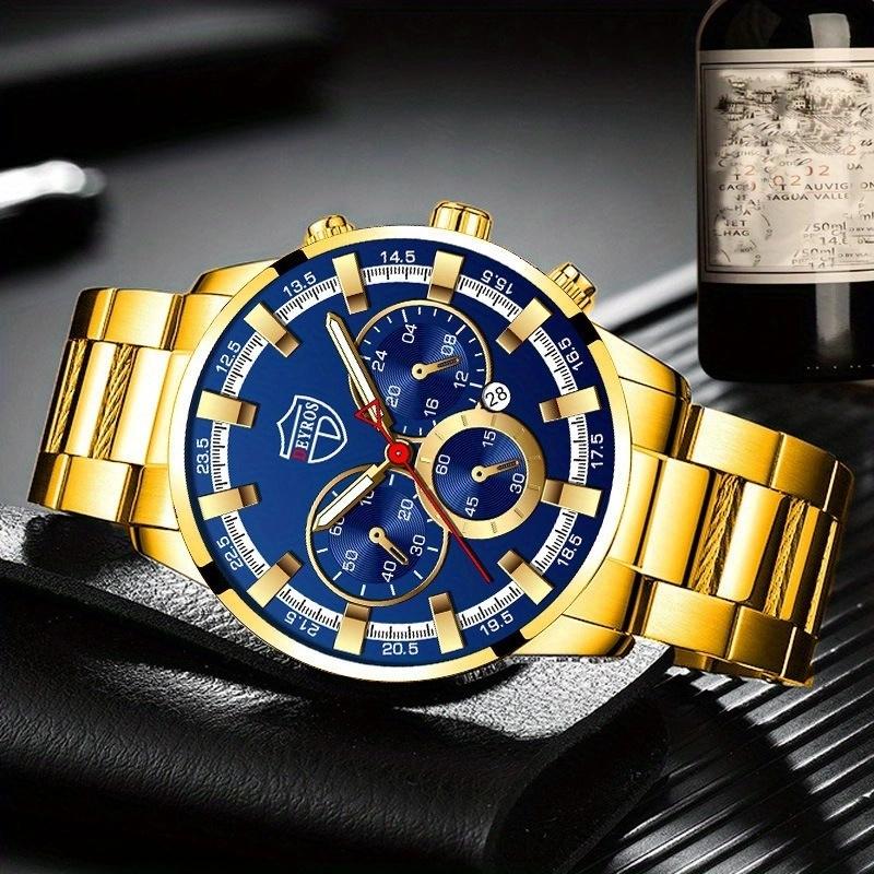 3pcs/set Fashion Men's Casual Round Pointer Stainless Steel Quartz Wrist Watch & Bracelet & Necklace, Ideal Choice for Gifts