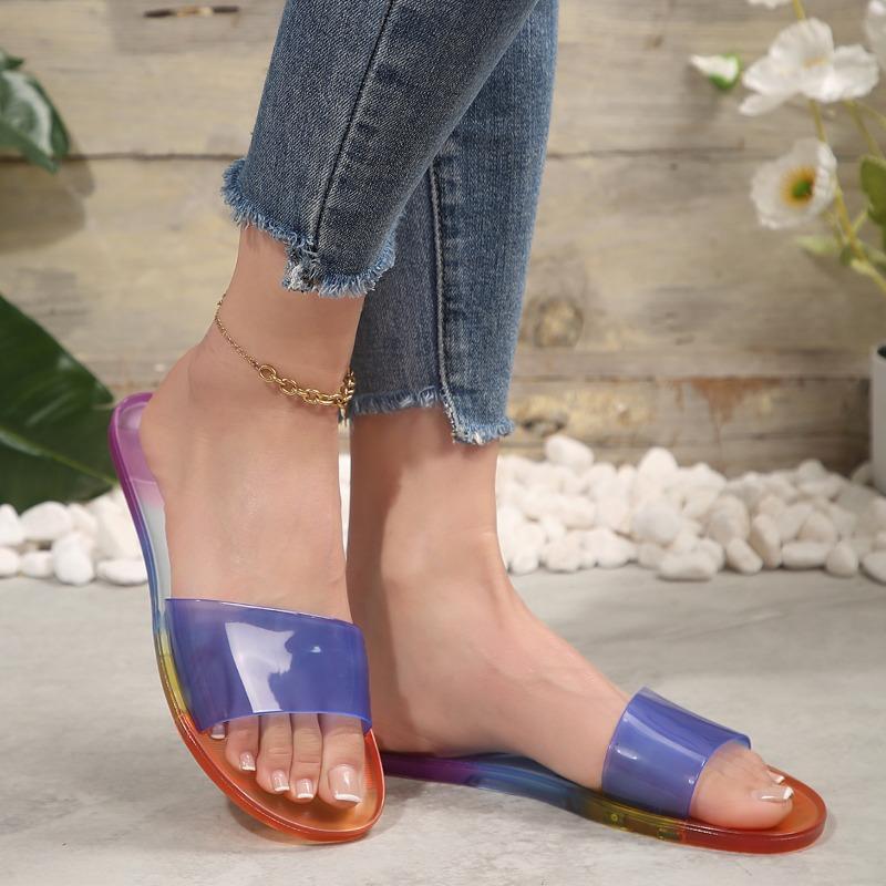 Fashion crystal transparent sandals female summer new jelly bottom beach one word drag outside wear seaside female sandals