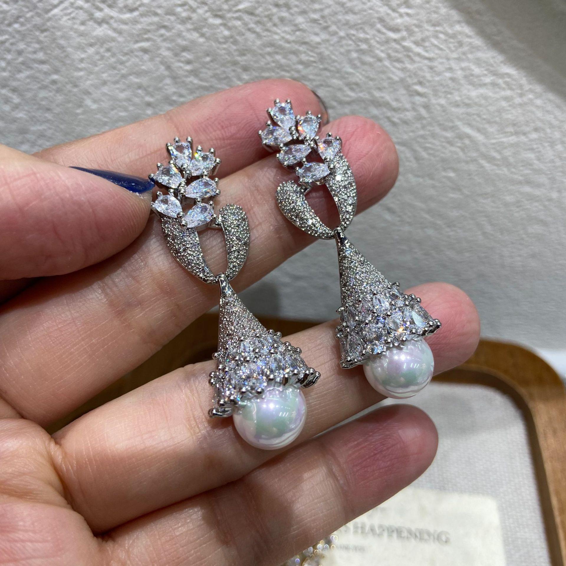 Luxury Water Drop Pearl Earrings, Brass Zircon Earrings, Women S Banquet Earrings Manufacturer