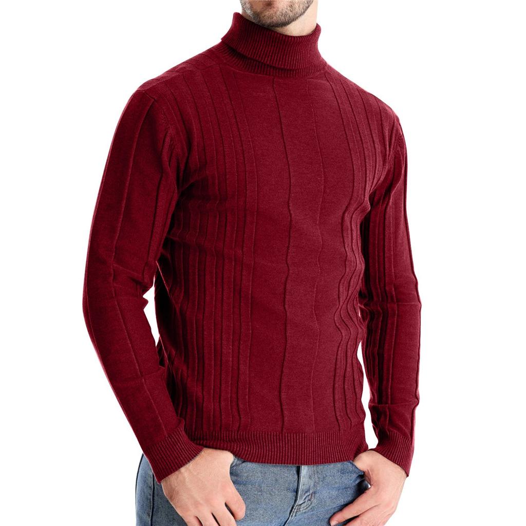 Men's Turtleneck Slim Striped Top Men's Loose Solid Color Casual Long Sleeve Sweater
