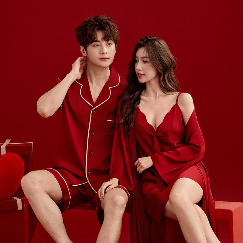 Couple pajamas wedding wedding high-end suspender morning robe birth year long sleeve ice silk red men and women dowry suit
