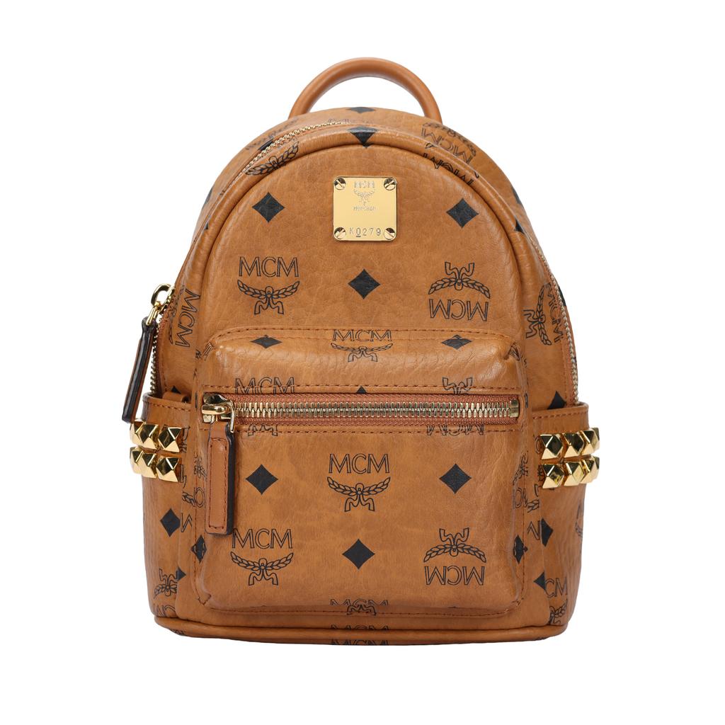 MCM Stark Classic Double-Sided Studded Coated Canvas And Leather Trim Backpack Mini Unisex Backpack Brown Cognac MMKAAVE13CO001