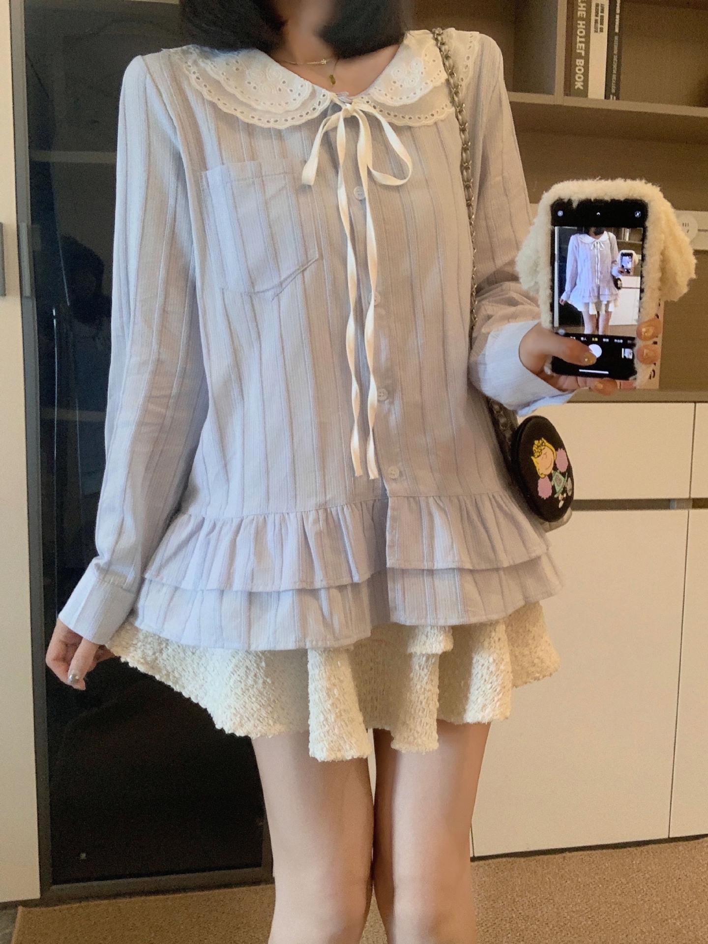 Women s Plus Size Lace Ruffle Doll Collar Long Sleeve Shirt L