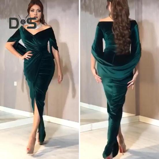 Lady Evening Dress Skinny Pleated Off Shoulder Slit Hem Half Sleeves Annual Symposium Wedding Party Prom Maxi Dress Ball Gown