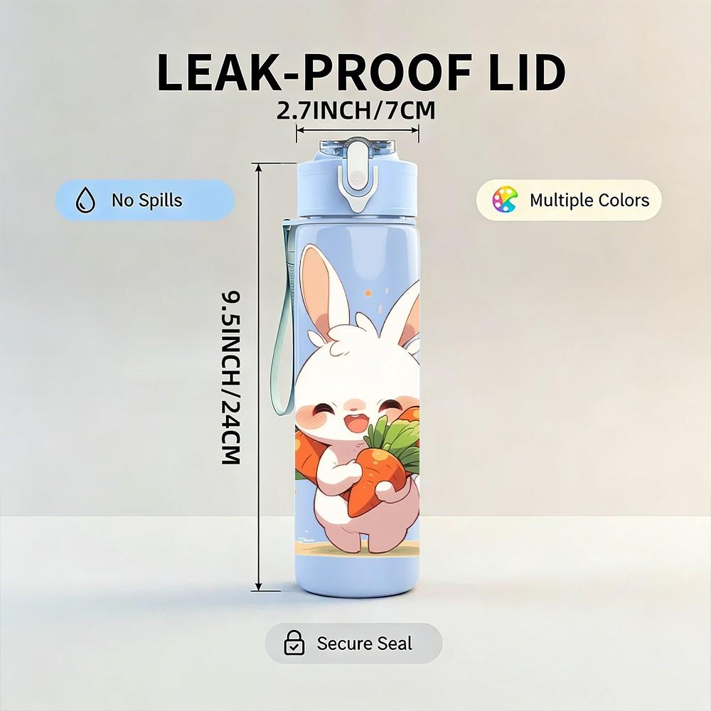1PC Bunny Holding Flower Bouquet Print 750ml Color Plastic Sports Water Bottle Leakproof Flip Straw Lid Suitable for Sports Office Home Use