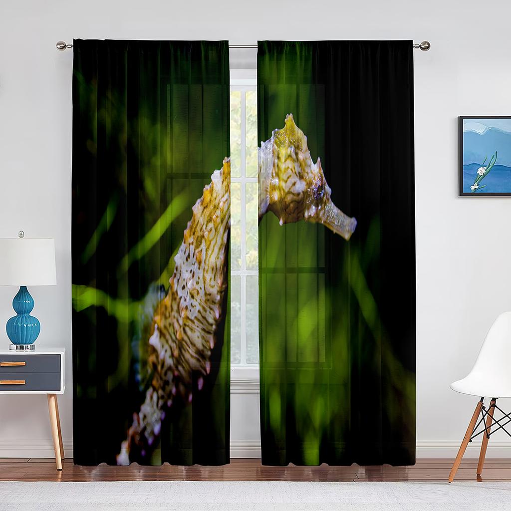 Ocean Seahorse Blue Sheer Voile Curtain Underwater Marine Life Window Tulle Curtains for Living Room Bedroom Kitchen Decoration