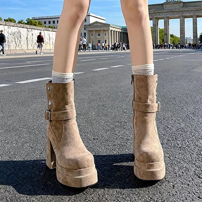 Niche Retro Style Thick Heel Thin Short Boots Women's New Autumn Versatile Height Increase Small High Heel Medium Boots