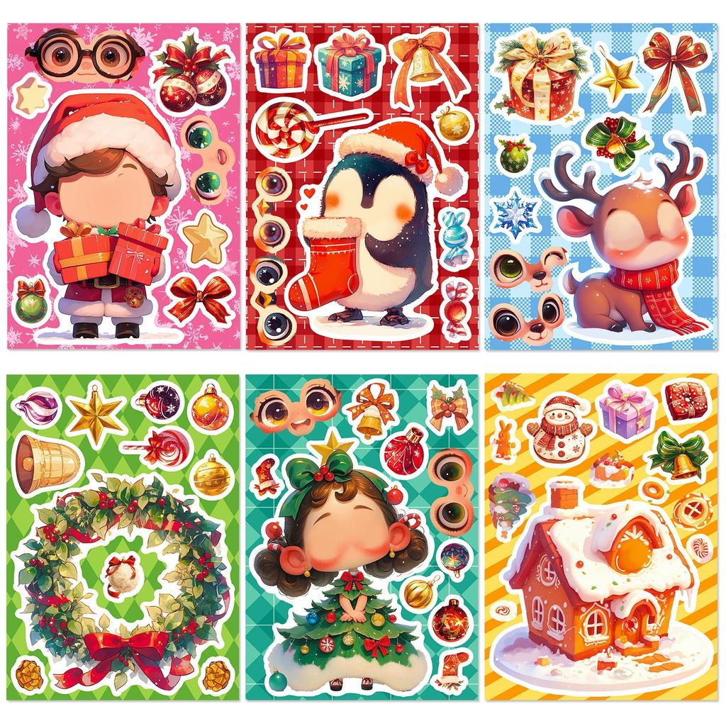 6 Photos/package of New Products Christmas Theme Stickers Puzzle Face Change Stickers Cartoon Cute Character Expression Conversion