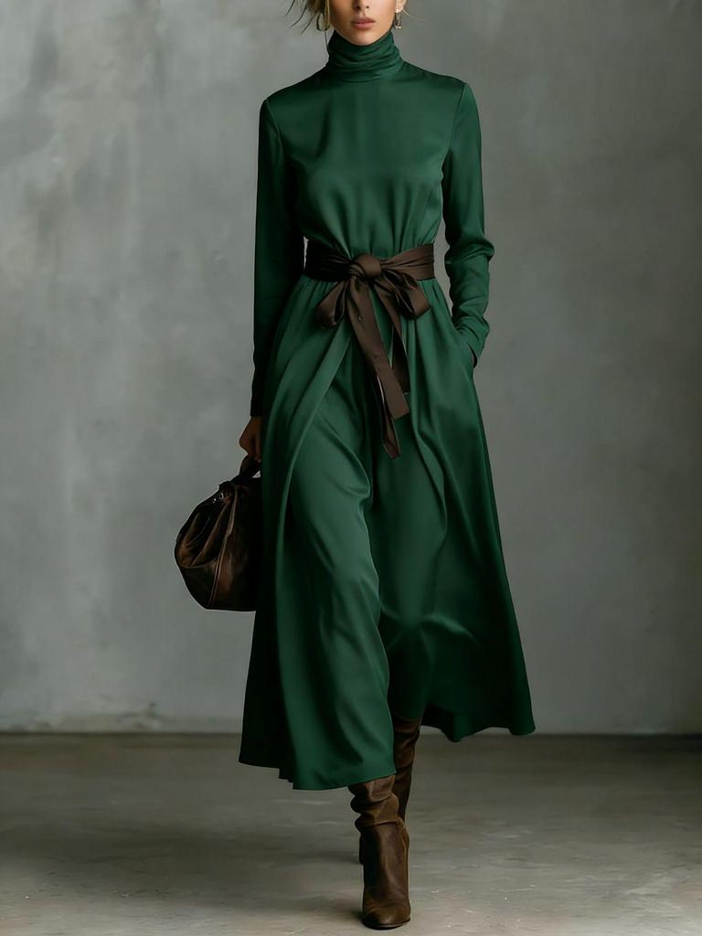 2025 Women's High Neck Long Sleeve Midi Dress with Color Block Belt