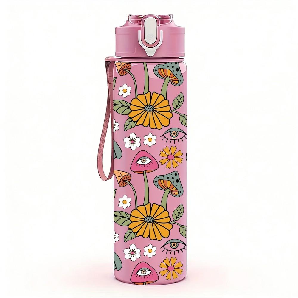 1PC Mixed Floral Mushroom Print 750ml Color Plastic Sports Water Bottle Leakproof Flip Straw Lid Suitable for Sports Office Home Use