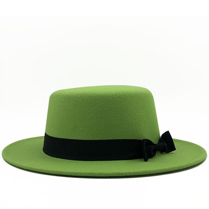 White new wool top hat bow flat top gentleman's hat versatile jazz hat casual woolen hat felt hat