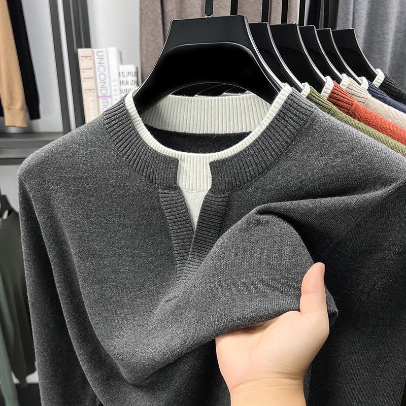 Men's V-Neck Faux Two-Piece Knit Sweater: Casual Long Sleeve Base Layer for Autumn & Winter
