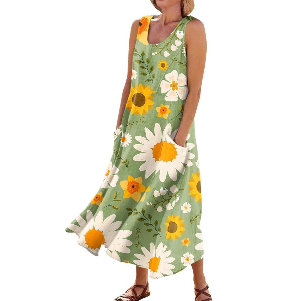 Vestido sin mangas para mujer Vestido de bolsillo con cuello redondo sin mangas estampado a la moda informal de verano para mujer