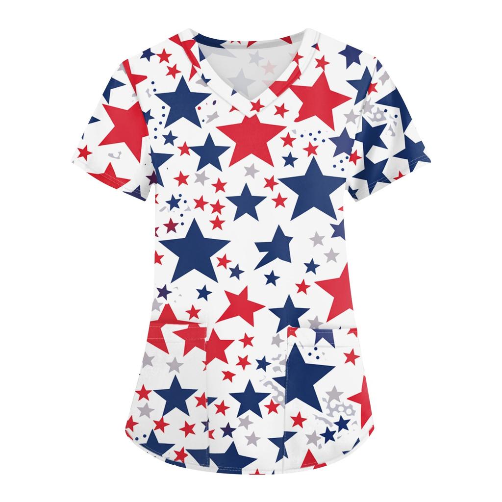 Damen Druck Uniform Arbeitsuniform V-Ausschnitt Taschen Basic Kurzarm Pullover Oberteil