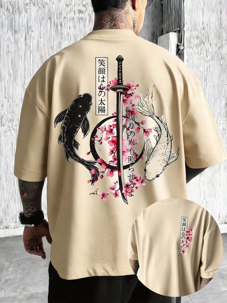 2026 New Style Mens Summer Japanese YinYang Carp Fish and Samurai Sword Pattern Loose Comfortable TShirt