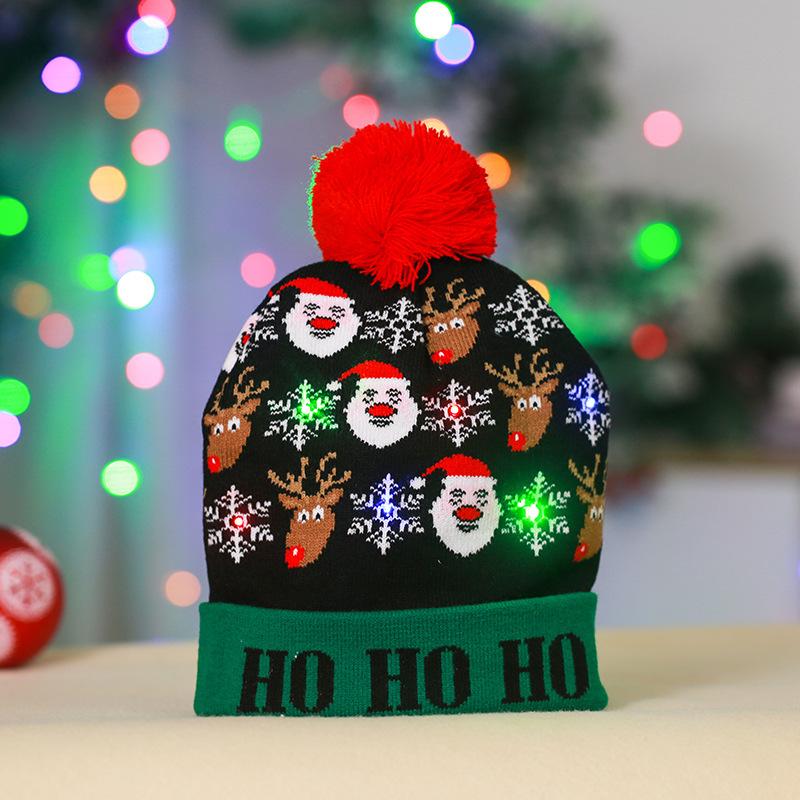 Cross-border Christmas decoration supplies cuffed knitted hat with ball LED light Santa Claus luminous hat for adults and children