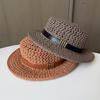 New Flat Top Jazz Top Hat Retro Old Money Wind Belt Buckle Straw Hat Women's Summer Seaside Vacation Sun Hat