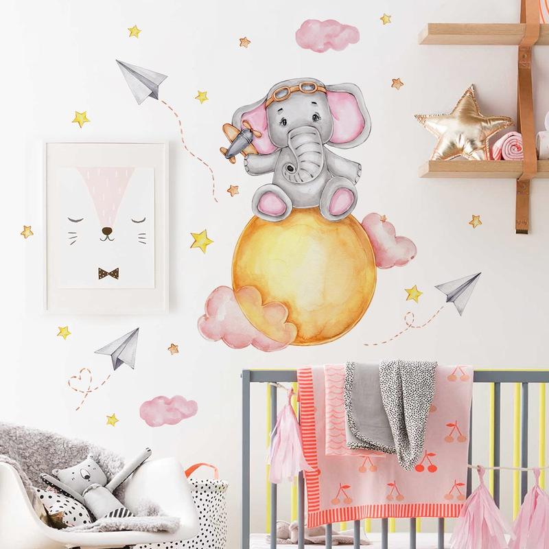 Baby Elefant Ballong Stjerne Tegneserie Veggklistremerke Stue Barnerom Dekorativt Veggklistremerke