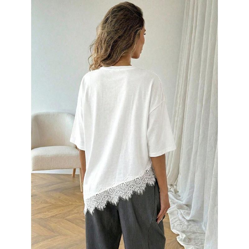 2026 Women's Short Sleeve Asymmetrical Lace Patchwork T-Shirt Loose Bat Sleeve Top