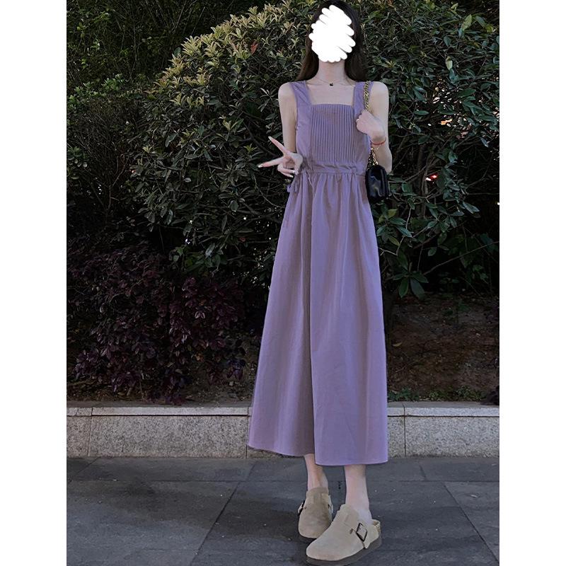 Chic lila Slipkleid für Damen - Tailliert, mit Kordelzug, Midi-Länge, Dopamin-Outfit mit kurzen Ärmeln, A-Linien-Rock für den Sommer