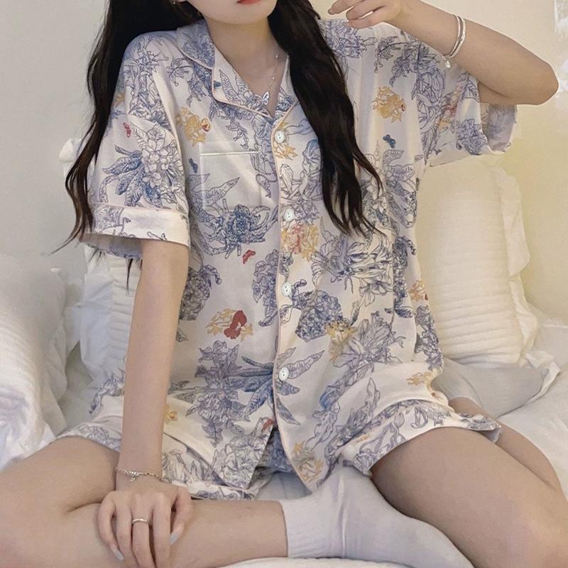 Niche Design Sense Of Simplicity And High-End Sense Monet Flower Summer Short-Sleeved Ice Silk Set Loungewear Set