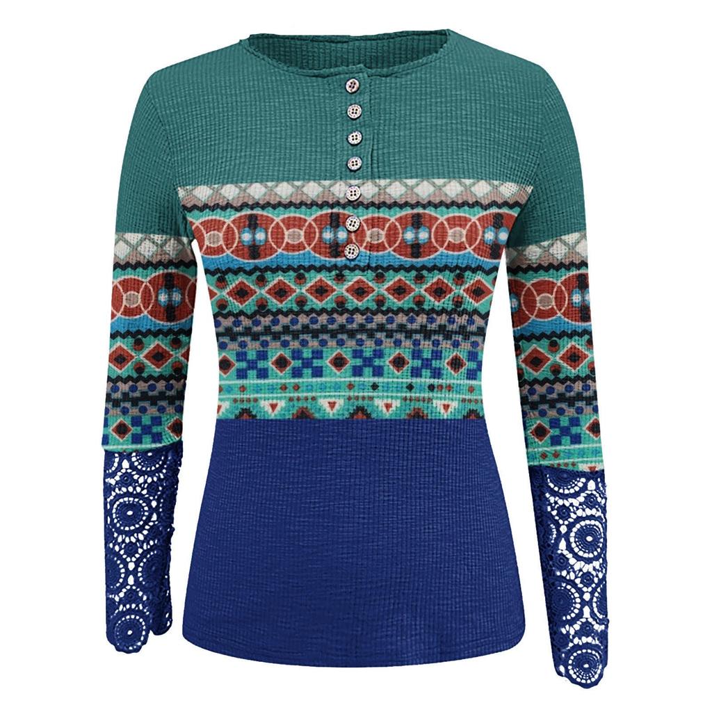 Ladies O Neck Casual Lace Stitching Sleeve Casual Comfortable Loose Print T-Shirt Top