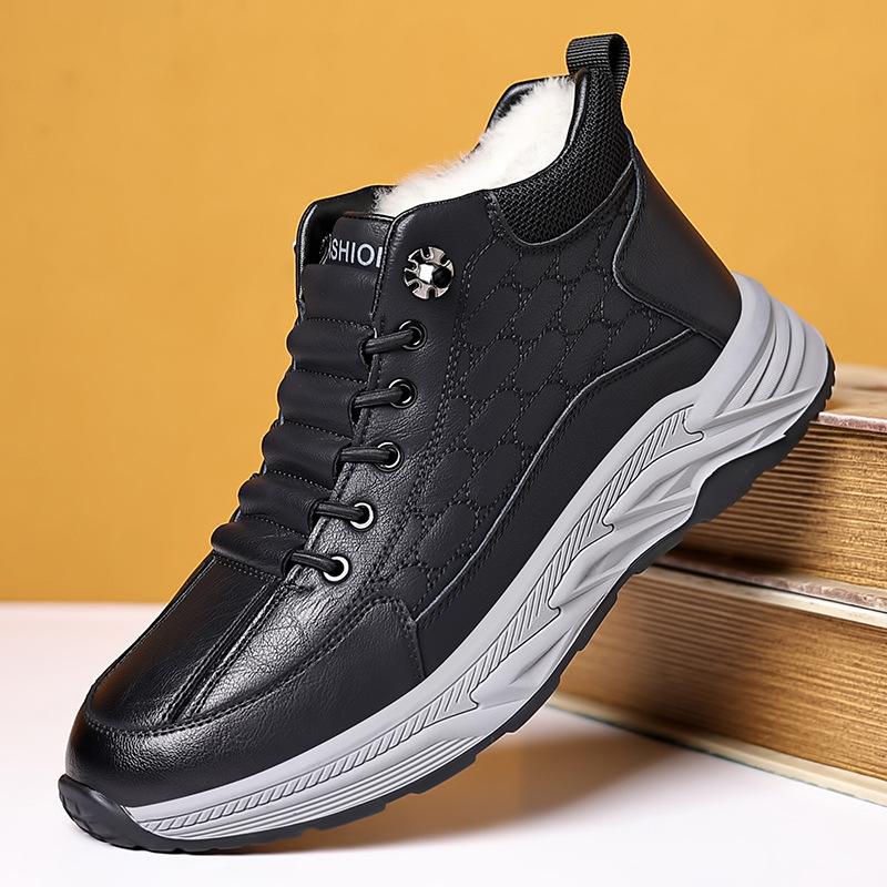 2024 Winter New Men's High-top Cotton Shoes Men's Platform-soled Lace-up Thermal Casual Leather Shoes Snow Boots 8002
