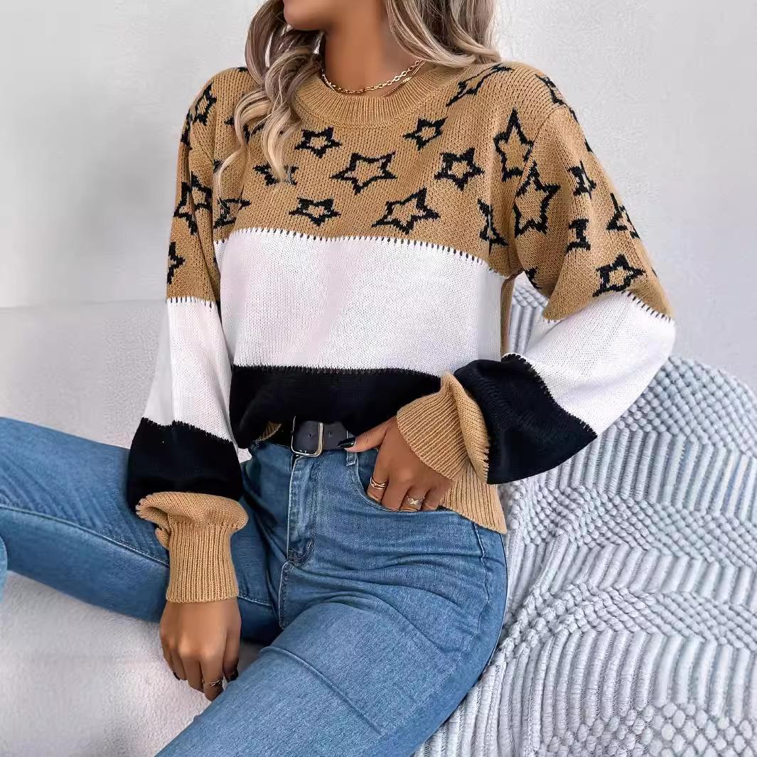 

HNXC Autumn and Winter Casual Color-blocked Star-shaped Hollowed-out Lantern Sleeve Pullover Sweater for Women S хаки