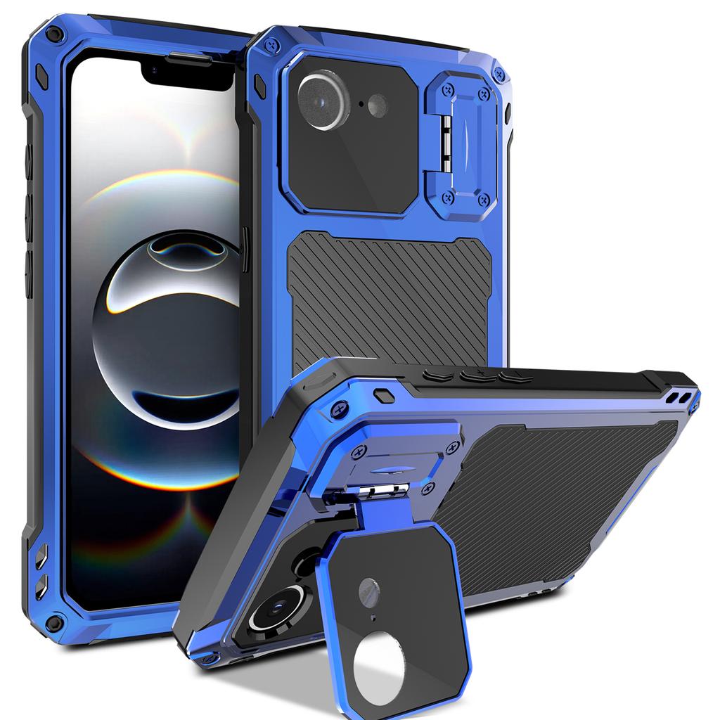 For iPhone 16e Case Aluminum Alloy+Silicone Lens Kickstand Phone Cover with Tempered Glass Film