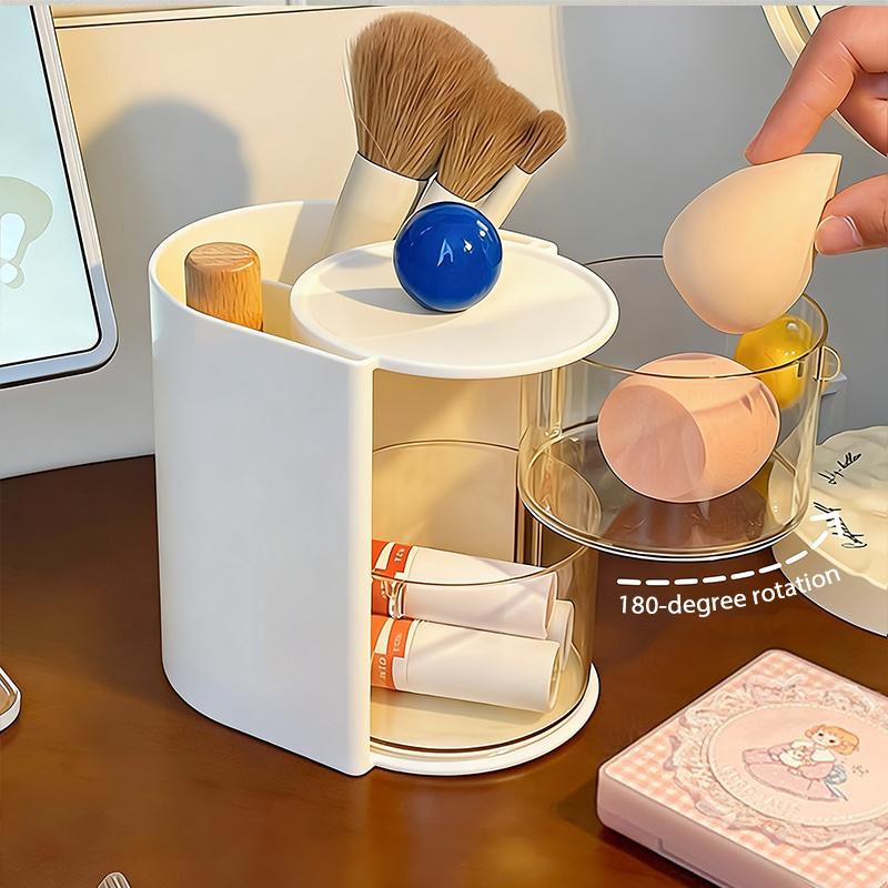 2-in-1 Makeup Brushes Puff Storage Box Multi Layer Rotatable Dustproof Cosmetic Organizer Lipstick Cotton Makeup Tools Storage