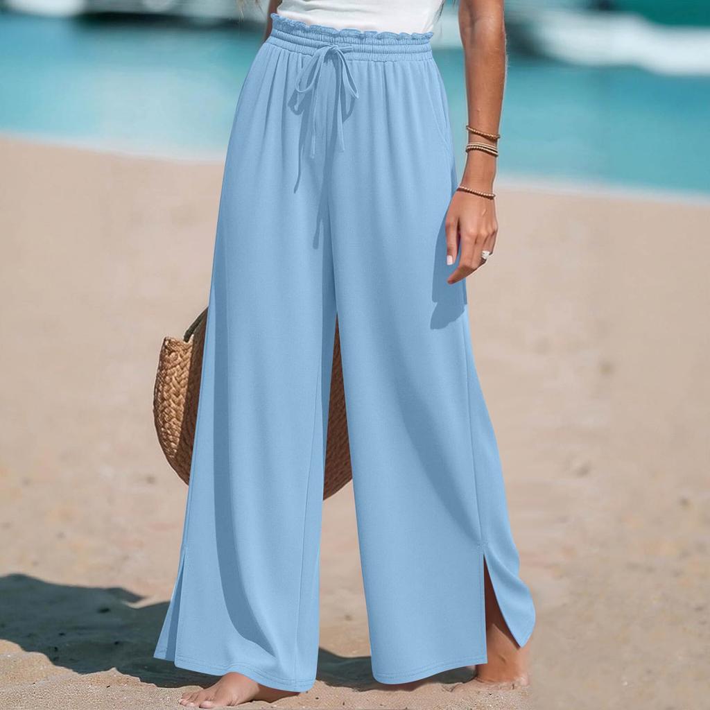 Women Wide Leg Split Pants Drawstring Waist Pockets Casual High Waist Pleated Beach Trousers Lightweight Loose Fit
