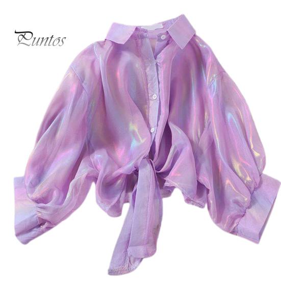 Women Sun Protection Shirt Lapel 3/4 Sleeve Rainbow Bright Color Shirt Single Breasted Bow Tie Style Top Thin Chiffon Shirt