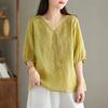 Cotton Linen Woman Blouses Blusa Mujer Embroidery V-Neck Solid Vintage Women's Clothing Shirts Blouse Summer Casual Camisas