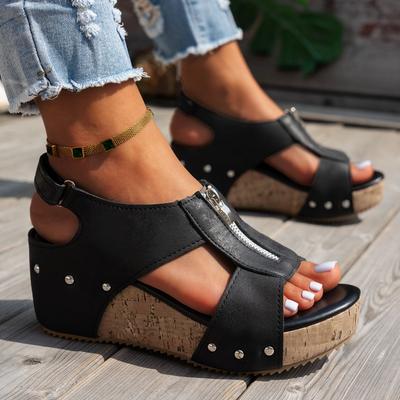Women’s Studded Peep-Toe Zipper Wedge Platform Sandals