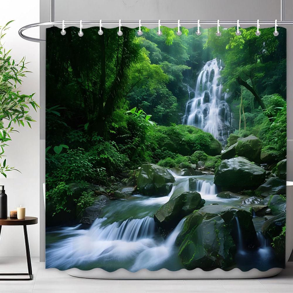 Mediterraner Wald Wasserfall Naturlandschaft Duschvorhang Polyesterstoff Waschbar Badvorhang Badezimmer Dekoration Mit Haken