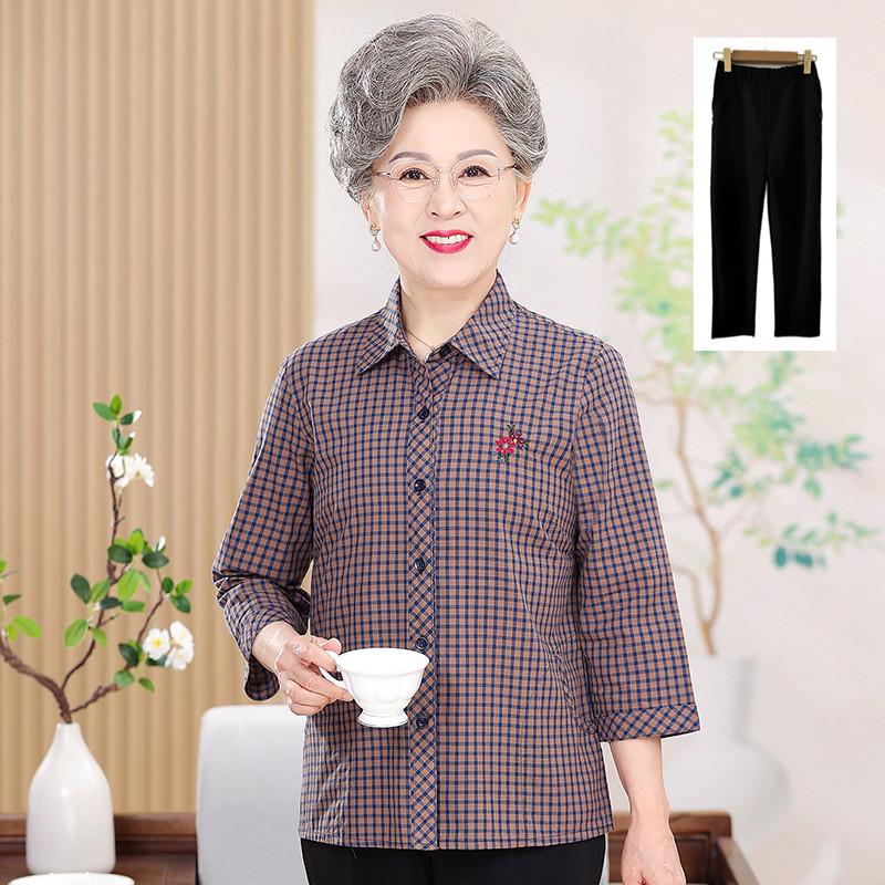 Elderly Women's Summer & Autumn Cotton Tops: Three-Quarter Sleeves & Shirts