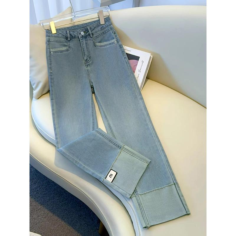 Women's Retro High Waist Patchwork Jeans - Slimming Straight Leg Cigarette Pants, Spring/Autumn 2025 Collection.