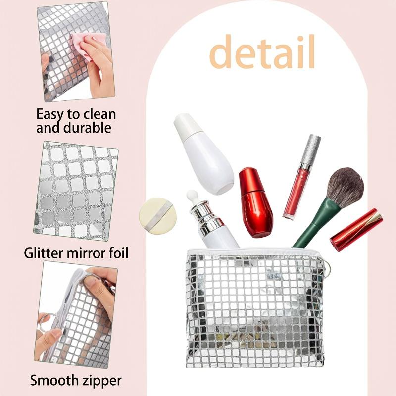 WTEMPO Disco Style Makeup Bag for Women Disco Party Favors Portable Silvery Zipper Cosmetic Bag Bachelorette Bridal Soft Bag
